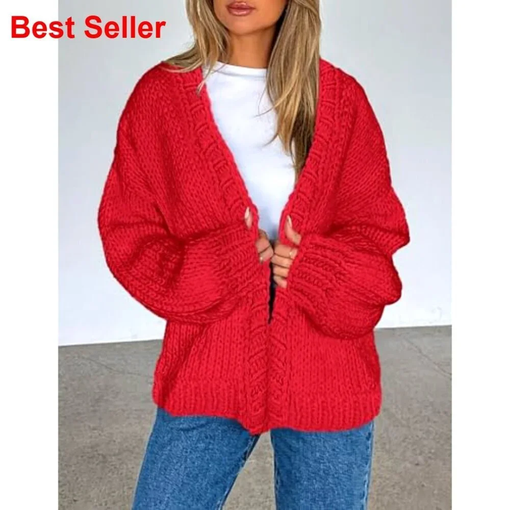 Chunky Knit Cardigan Sweater Long Sleeve Open Front Shawl Collar Loose Fit